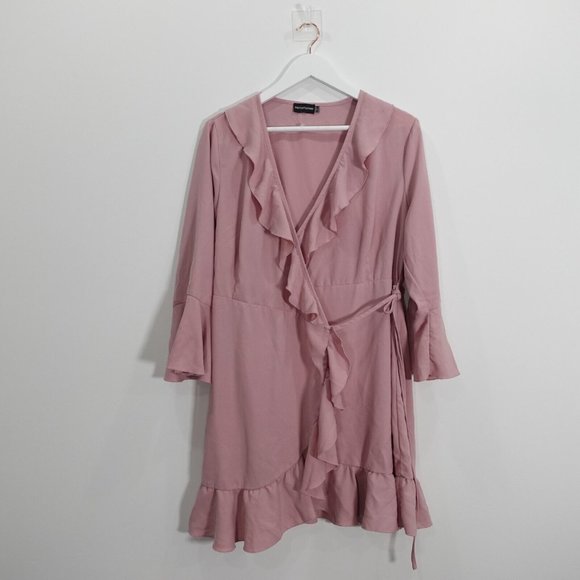 Pretty Little Thing Dress Size 10 V Neck Mini Wrap Flared Ruffle Casual‎ Pink - Picture 1 of 8
